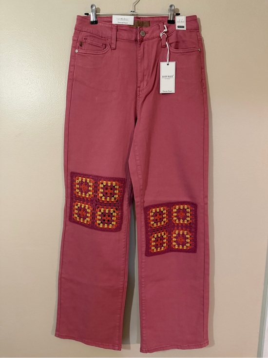 Judy Blue Denim - Judy Blue Rose-Pink Straight-Leg Jeans with Crochet Knee Patches